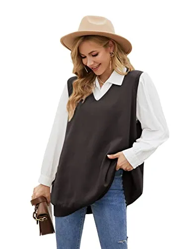 Sweater Vest Womens Knitted Oversized V Neck Sleeveless Sweater Knitwear Tank Tops with Pocket (S-3XL)