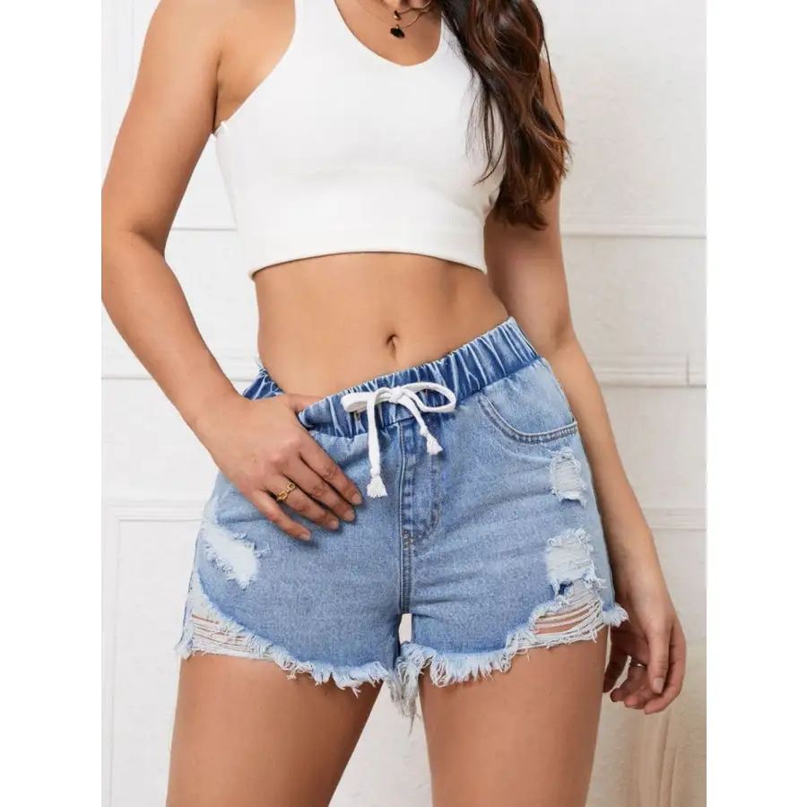 Distressed Drawstring Raw Hem Denim Shorts