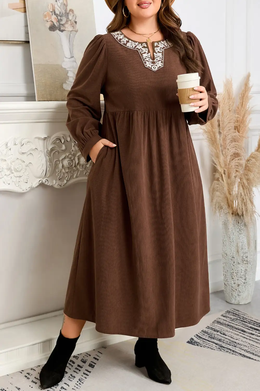 Embroidered Split Neck Pleated Midi Dress