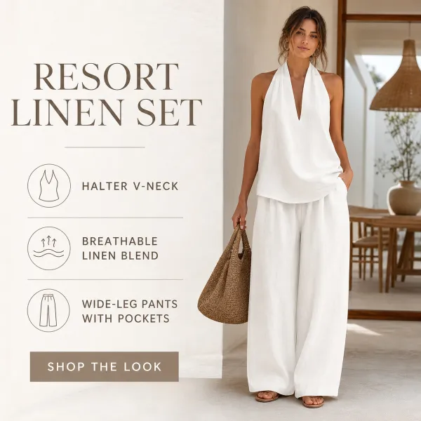 Women's Cotton Linen 2-Piece Halter Top Wide-Leg Pants Set
