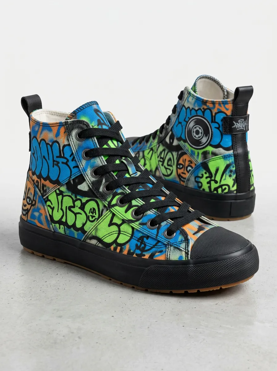 Men's Street Art Graffiti Vinyl Record Printed Canvas Shoes