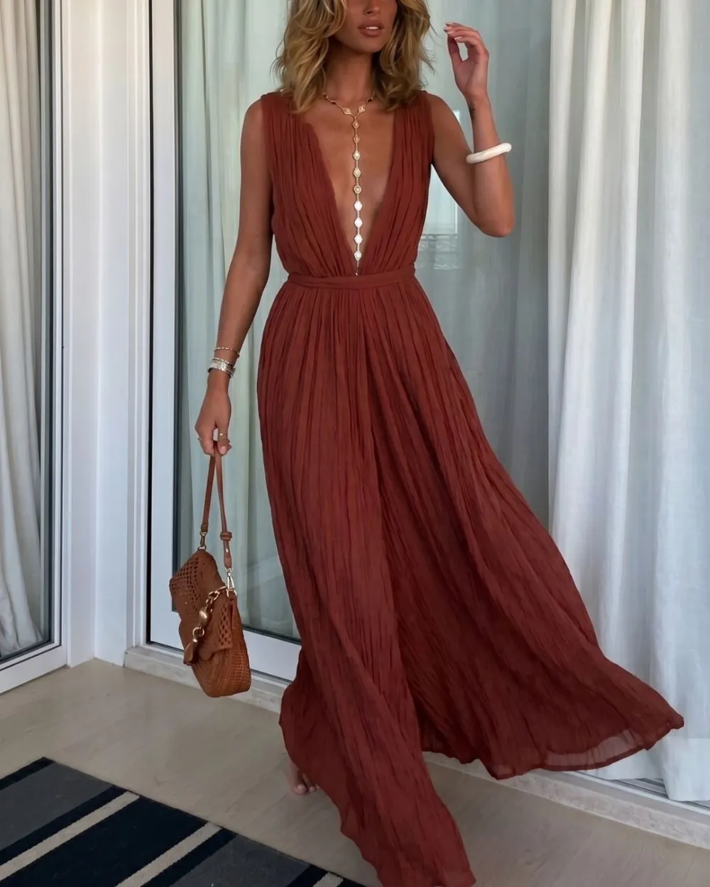 V-Neck Lace-Up Pleated Jumpsuit