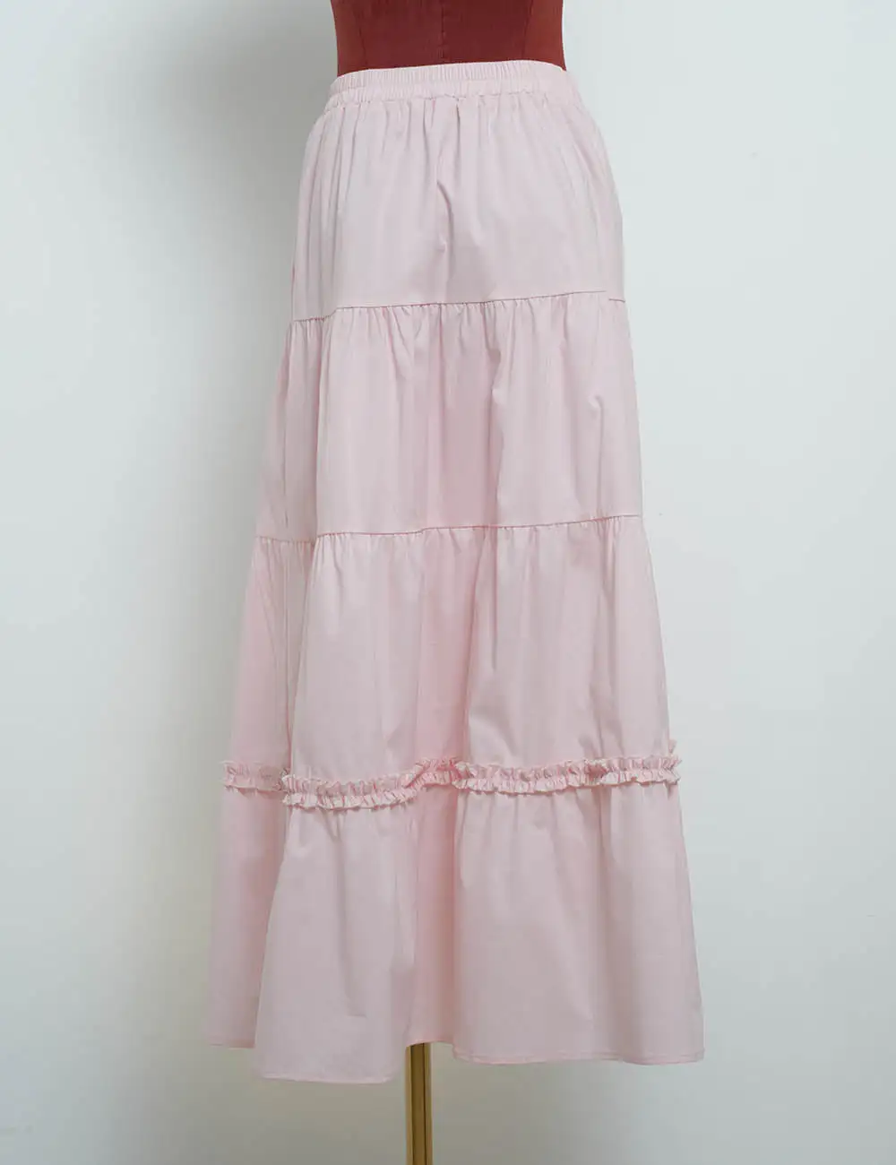 Tiered Hem Elastic Waist Solid Color Midi Skirt