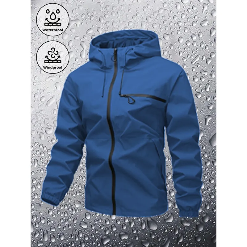 Men's Plain Waterproof Windproof Drawstring Zip Up Hooded Jacket, Casual Long Sleeve Zipper Pocket Design Outerwear for Outdoor Activities, Men's Clothes for All Seasons, Menswear m 65 jacket Stripe Print Baseball Bomber Jacket