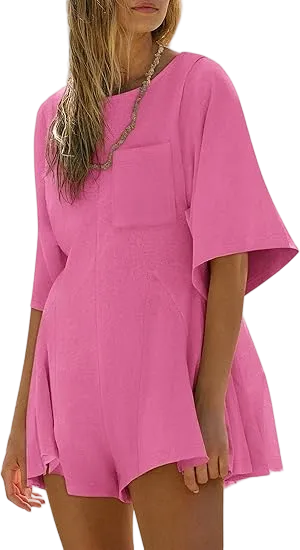 Women’s Summer Slim Fit Romper – Short Sleeve Crew Neck Jumpsuit with Pocket