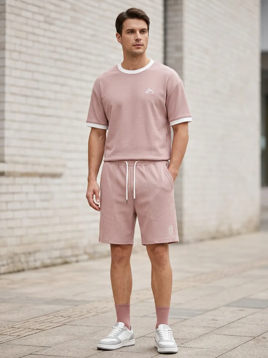 Classic Waffle Texture Mountain Graphic Shape Men's T-Shirt And Shorts Set