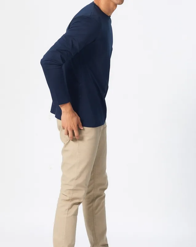 Deep Blue Long Sleeve Cotton Crew Neck T-Shirt