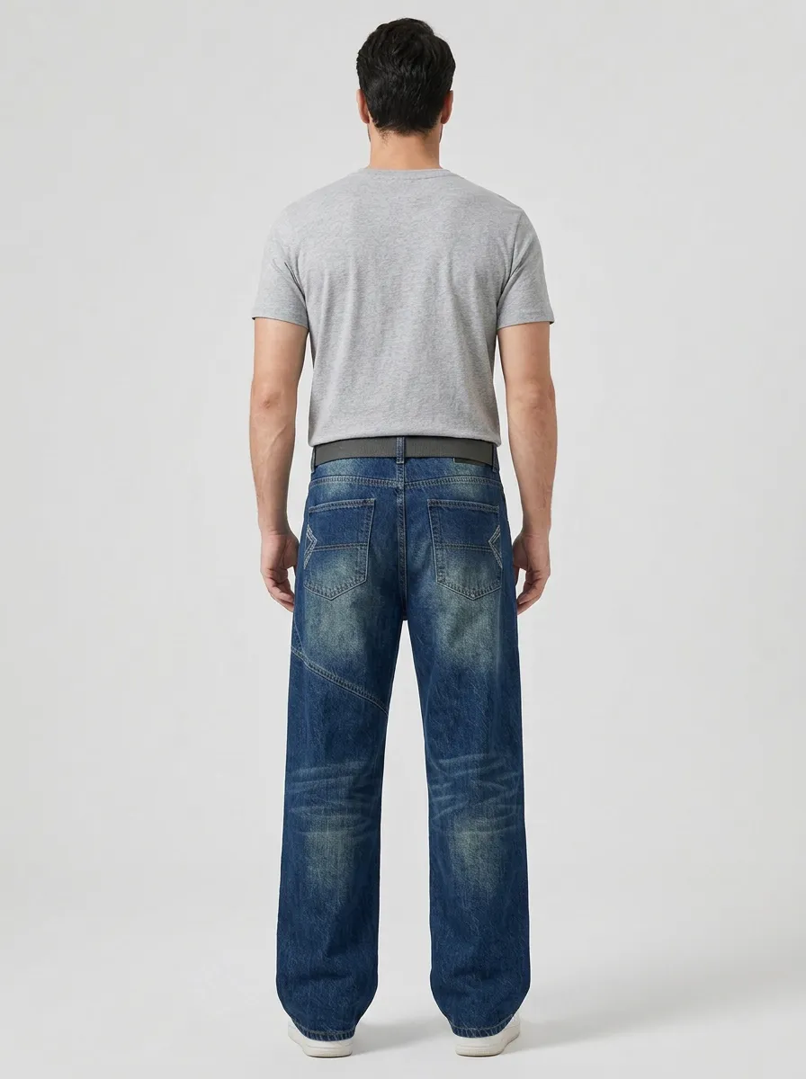 Wide Leg Washed Finish Side Panel Vintage-Inspired Men's Loose Fit Jeans