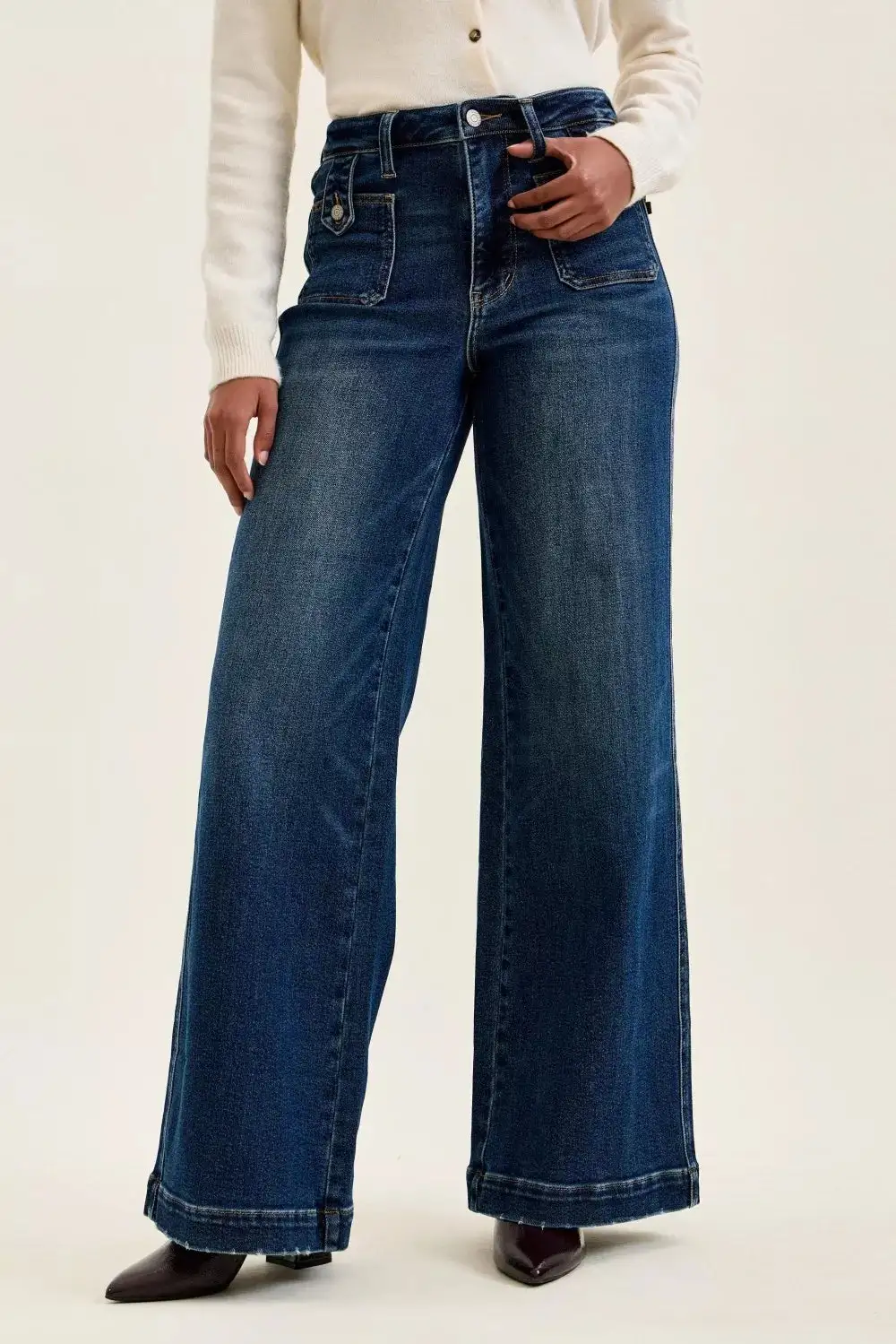 High Rise Raw Hem Patch Pocket Wide Leg Jeans