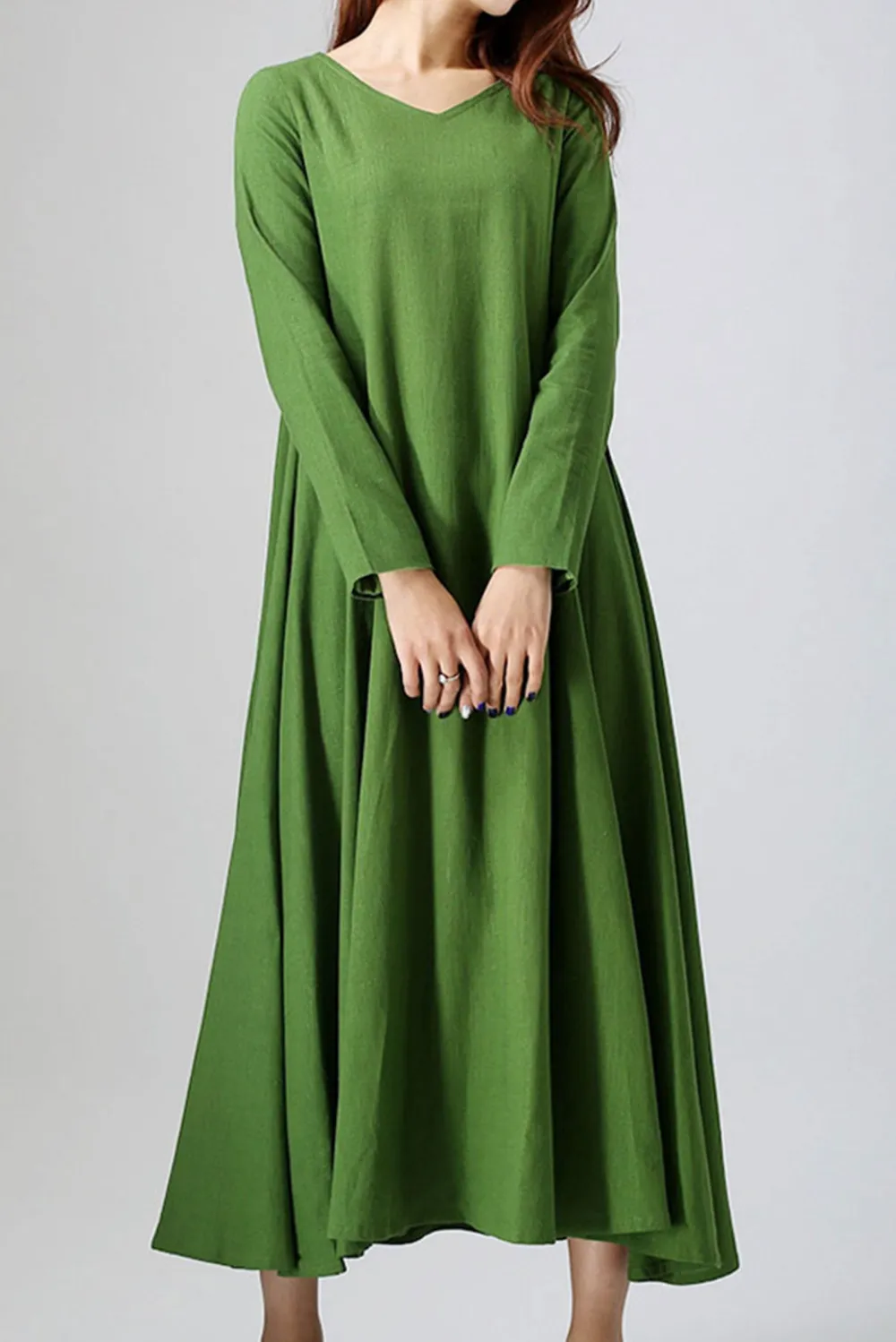 Refined Linen V Neck Long Sleeve Maxi Dress