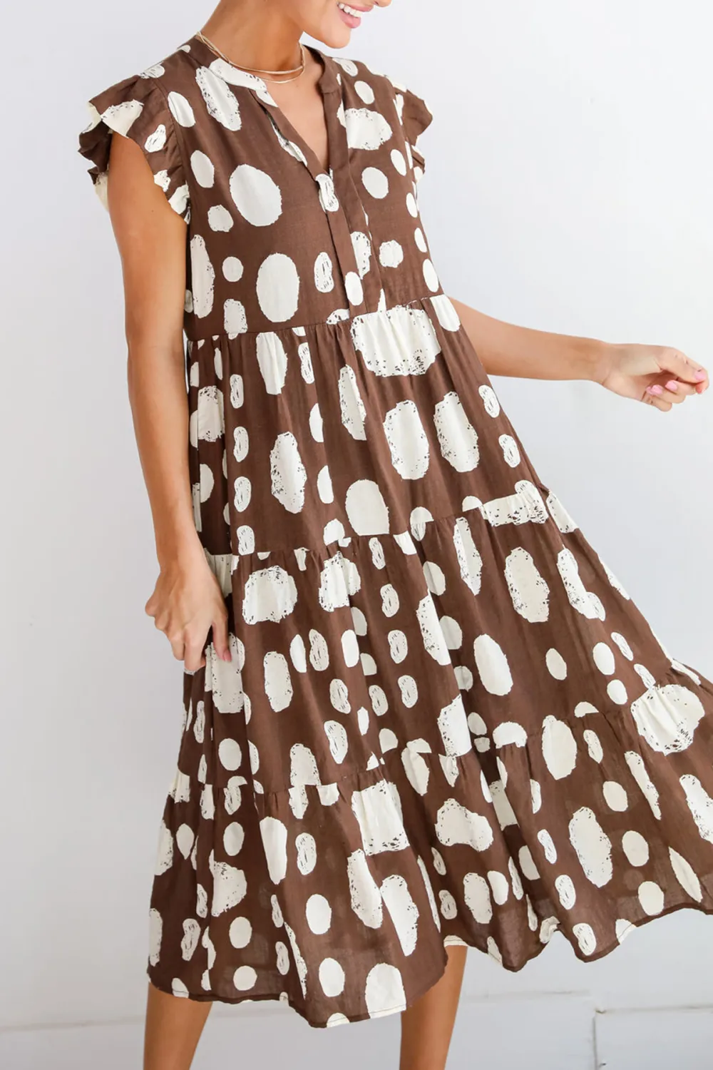Brown Dotted Tiered Midi Dress