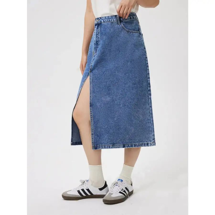Simple Slit Midi Denim Skirt with Pockets