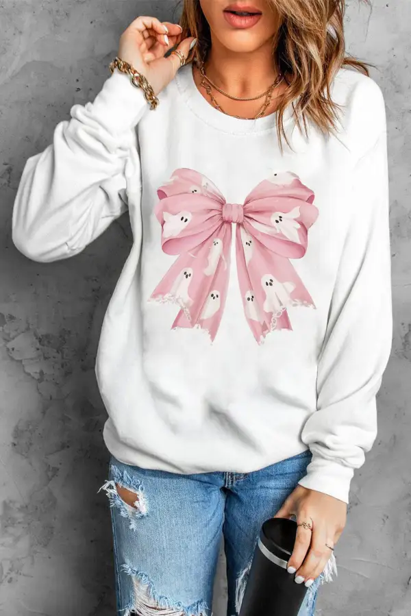 Bow Accent Graphic Drop Shoulder Crewneck Sweatshirt