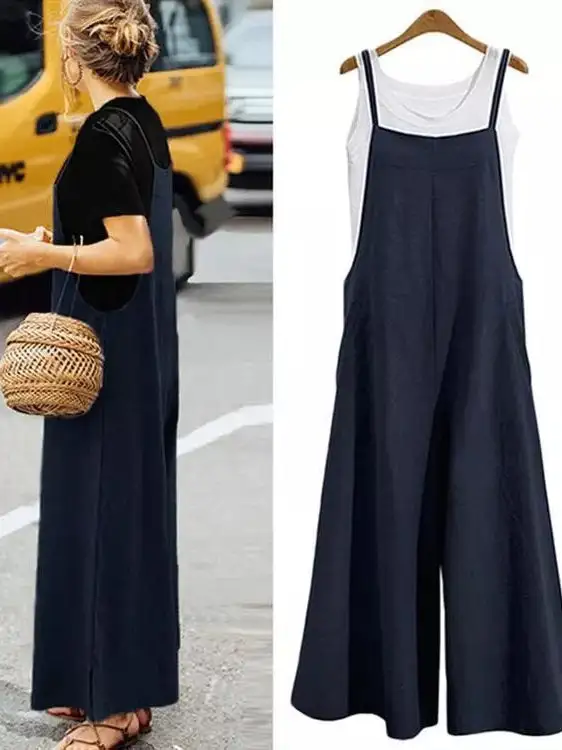 Women Casual Pure Color Loose Linen Tank Jumpsuit