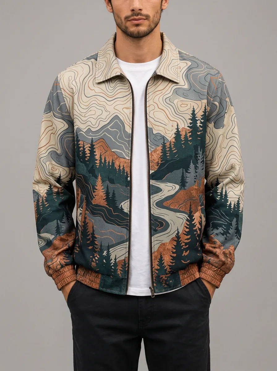 Men's Nature Outdoor Lover Mountain Forest Topographic Printed Jacket