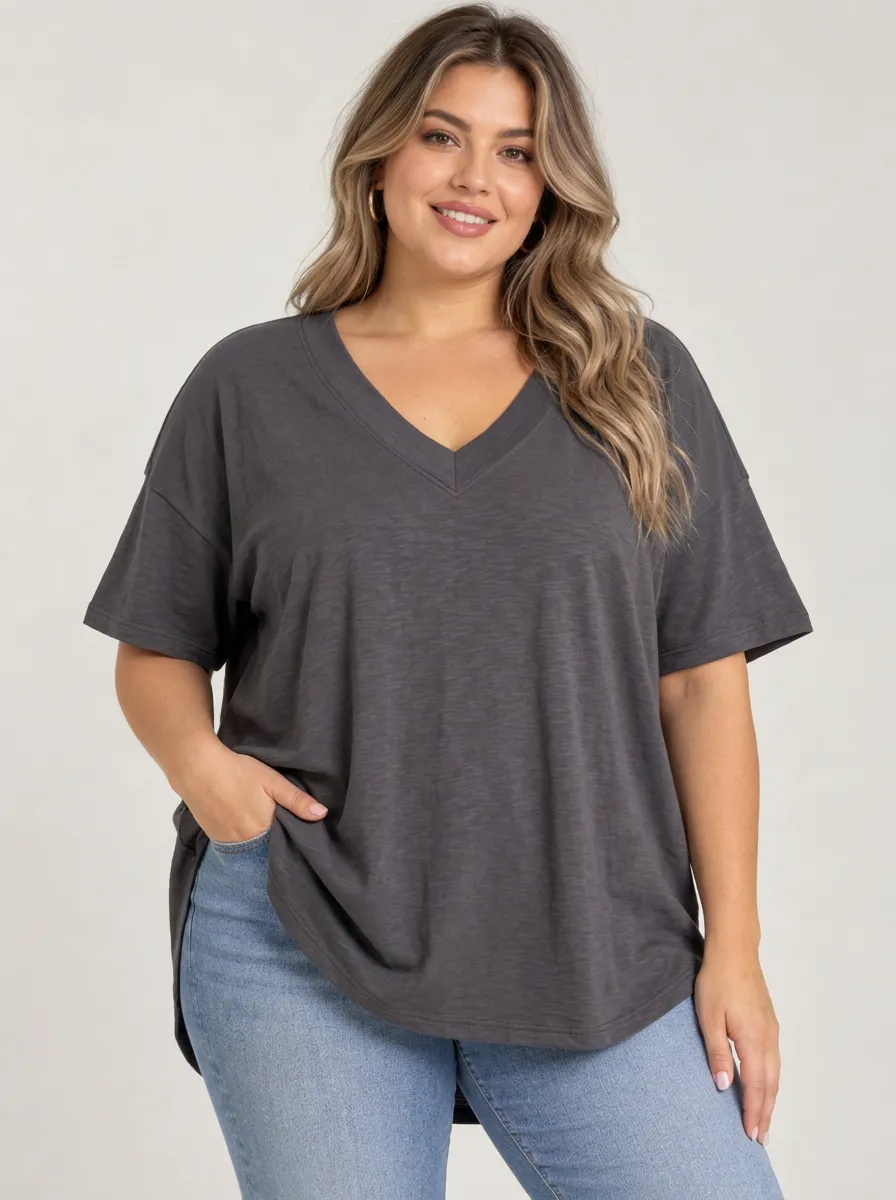 Easygoing Plus Size V Neck Relaxed Fit Women's Relaxed V Neck Plus Size T Shirt