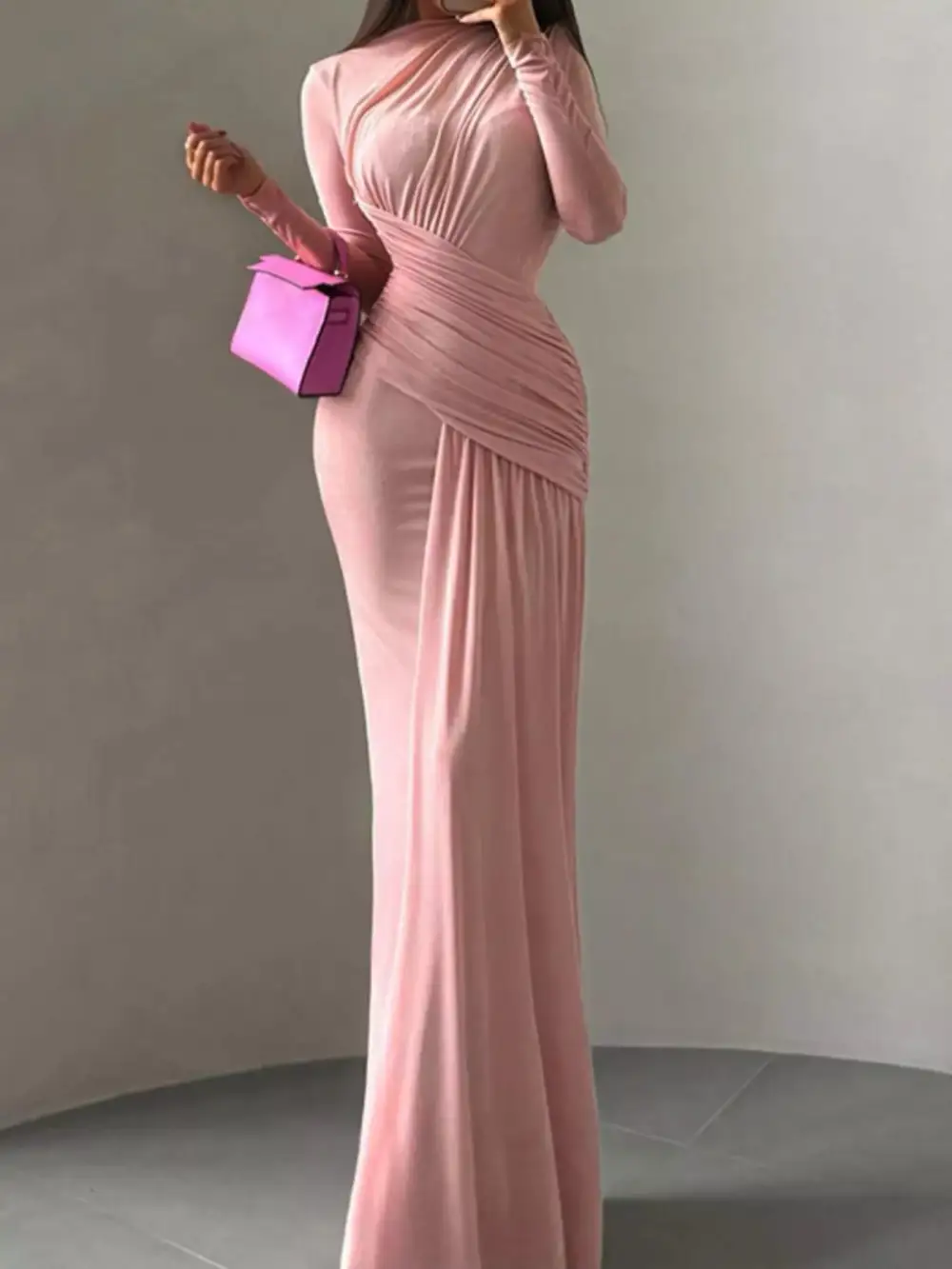 Polished Detail Ruched Long Sleeve Maxi Dress