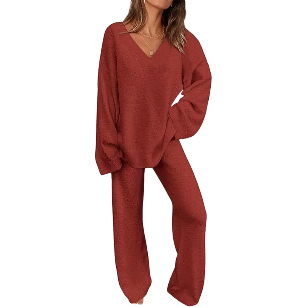 Women's 2-Piece Lounge Set Soft Chunky V Neck Tops& Wide Leg Long