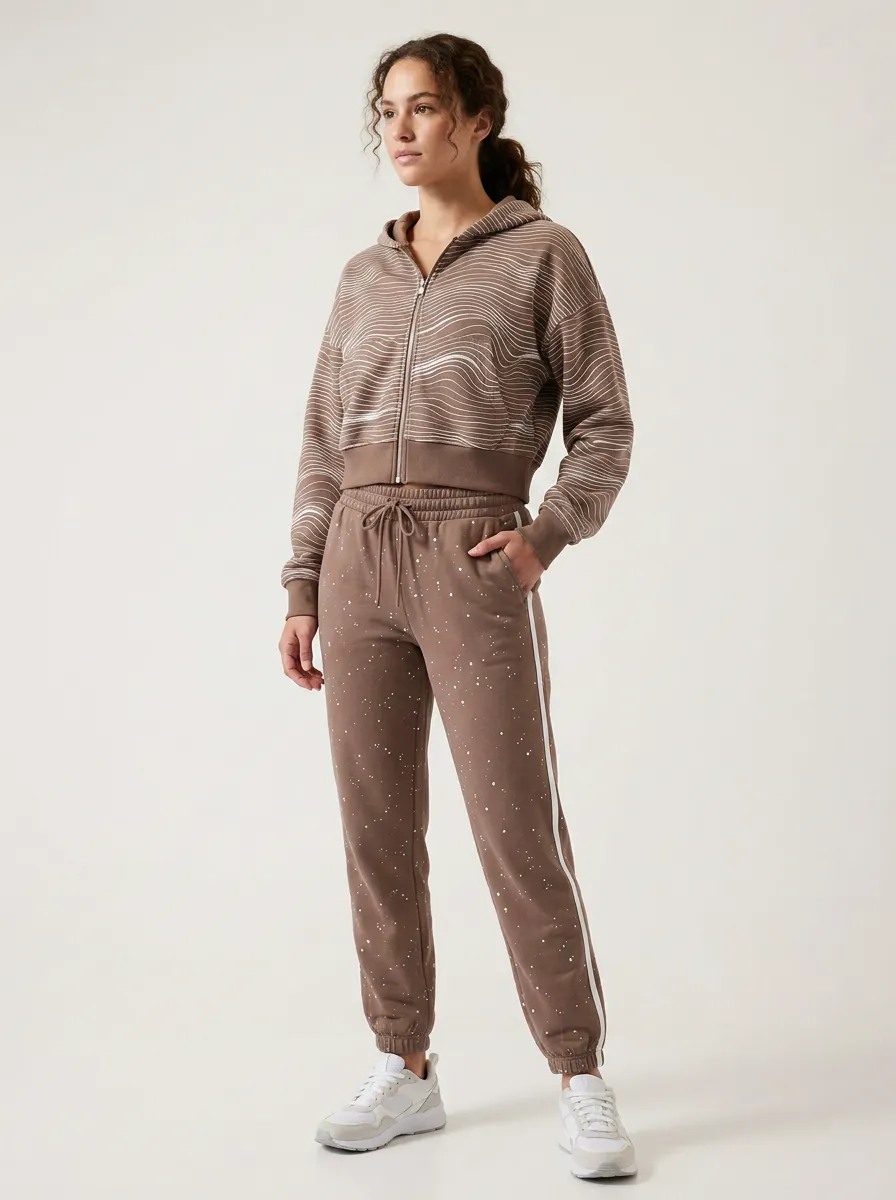 Women's Brown Wavy Line Paint Splatter Printed Tracksuit