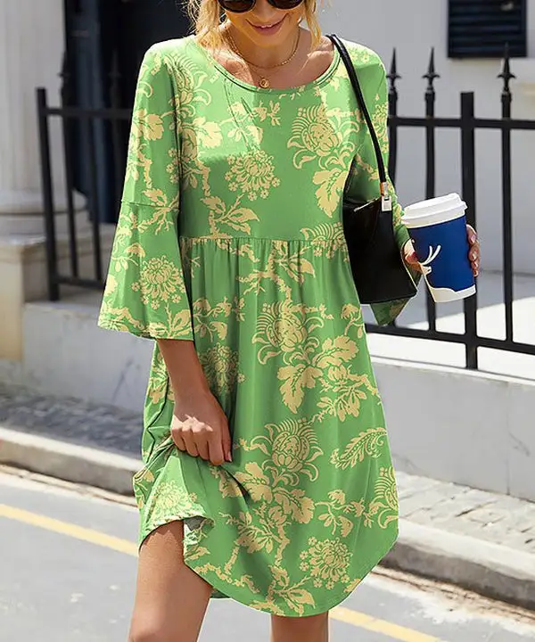 Glamorous Green Print 3/4 Sleeve Mini Dress