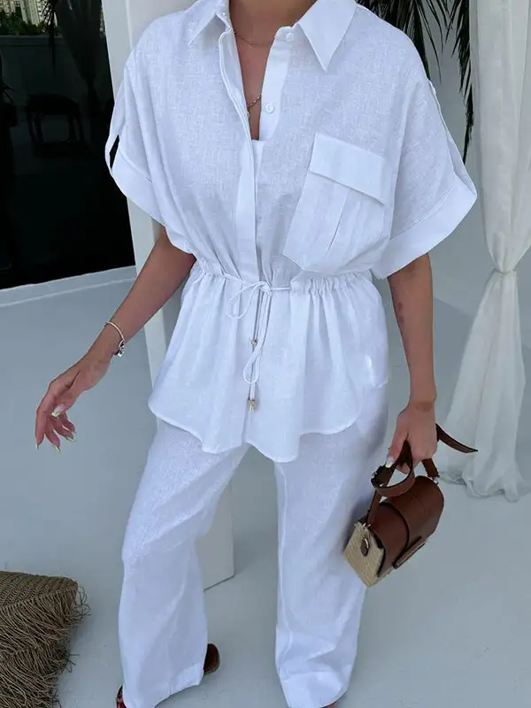 Relaxed Drawstring Blouse And Pants Set