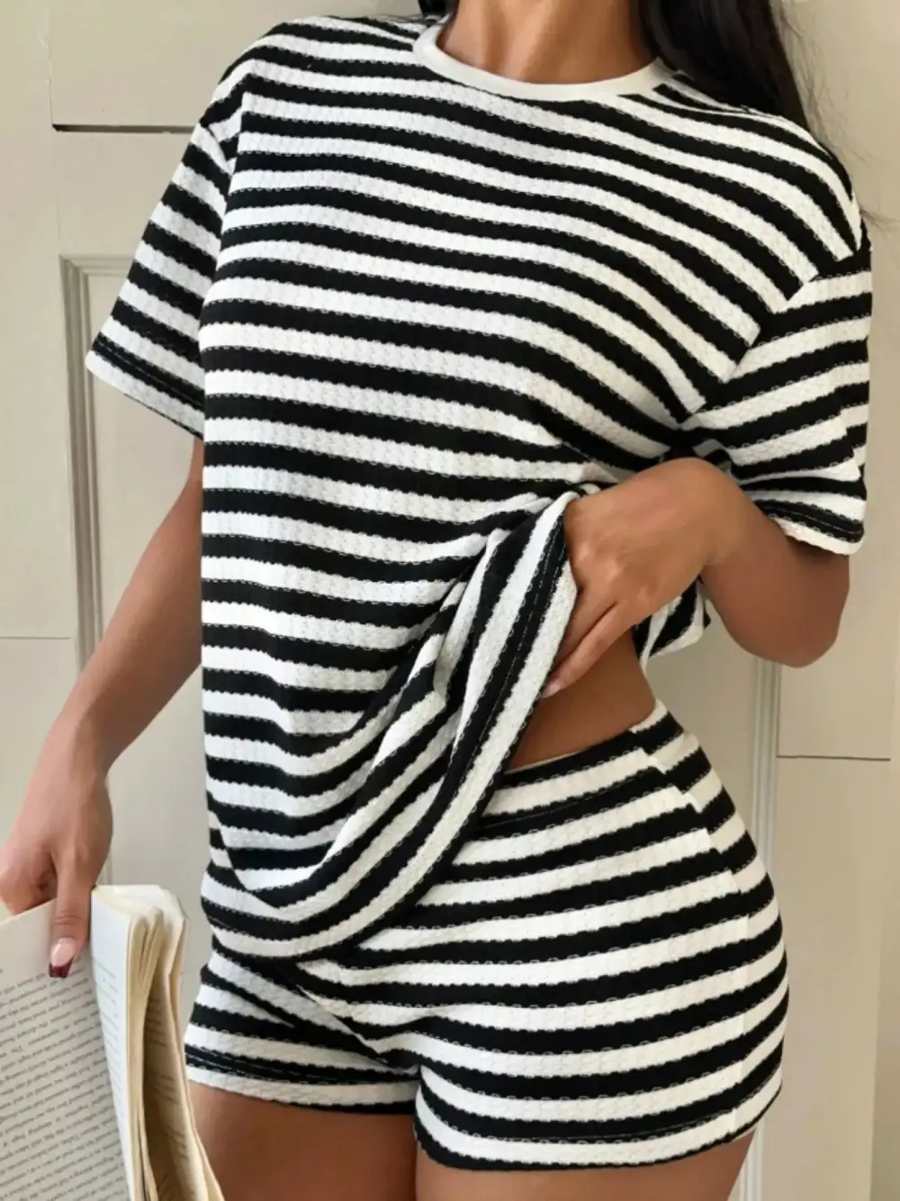Easy Striped Round Neck Top and Shorts Set