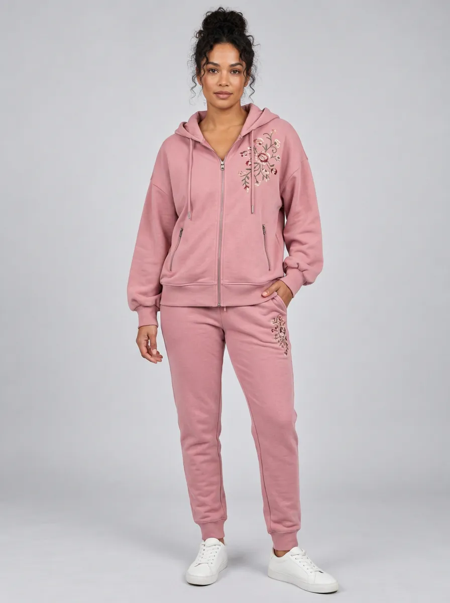 Women's Dusty Rose Tapered Joggers Zip-Up Hoodie Jacket & Jogger Set