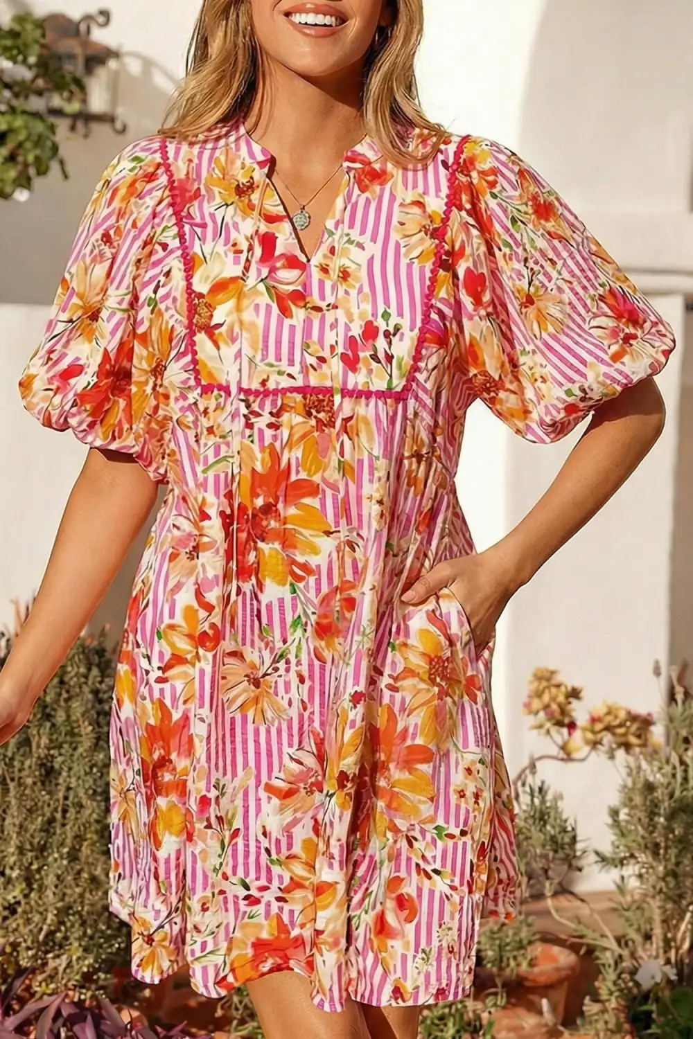 Floral Striped Puff Sleeve Mini Dress