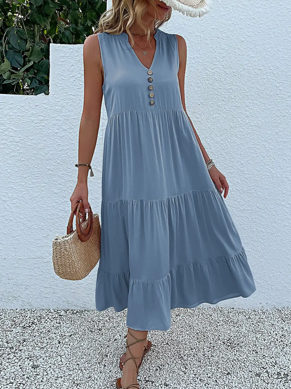 Notch-Neck Buttoned Sleeveless Tiered Midi Dress