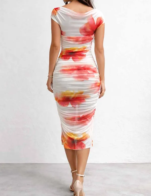 Chic Off Shoulder Ruched Bodycon Midi Dress