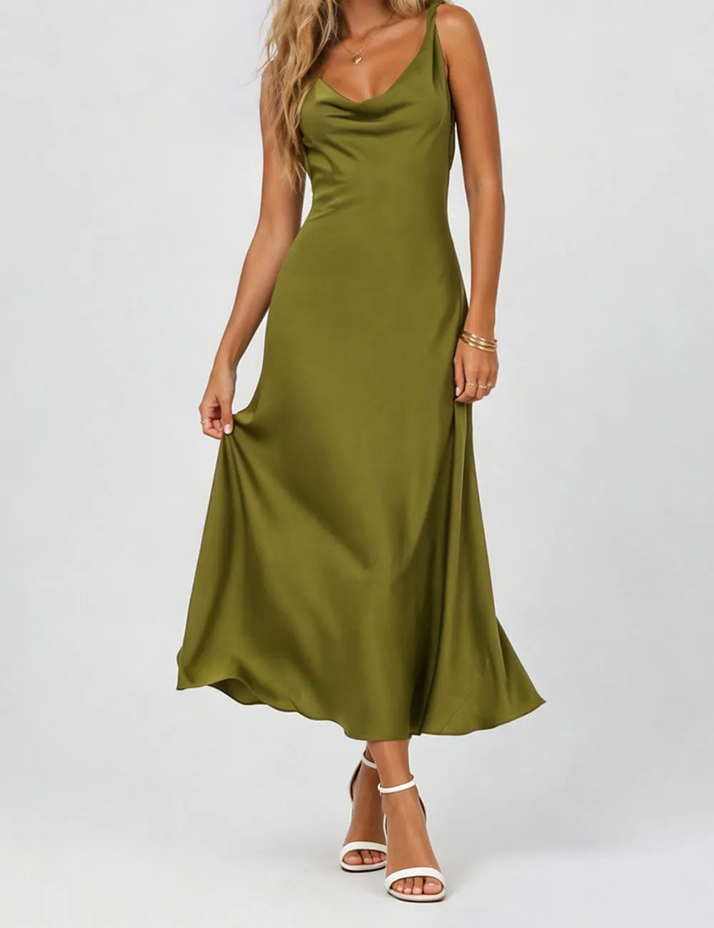 Chic Satin Cowl Neck Sleeveless Back Midi Dress