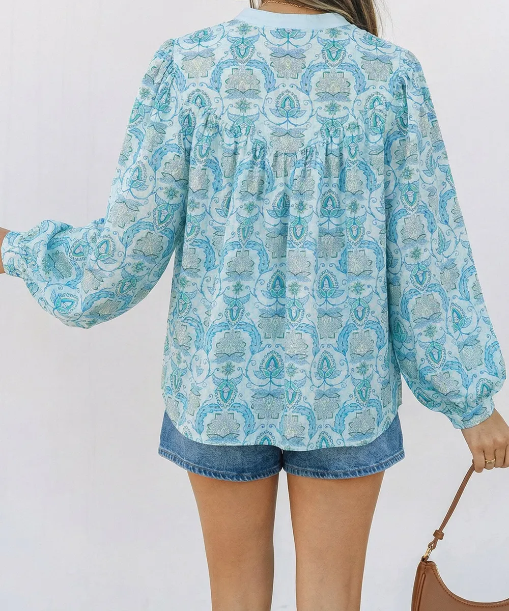 Sky Blue Paisley Print Puff Sleeve Loose Shirt