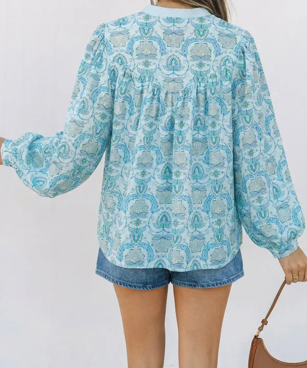 Sky Blue Paisley Print Puff Sleeve Loose Shirt