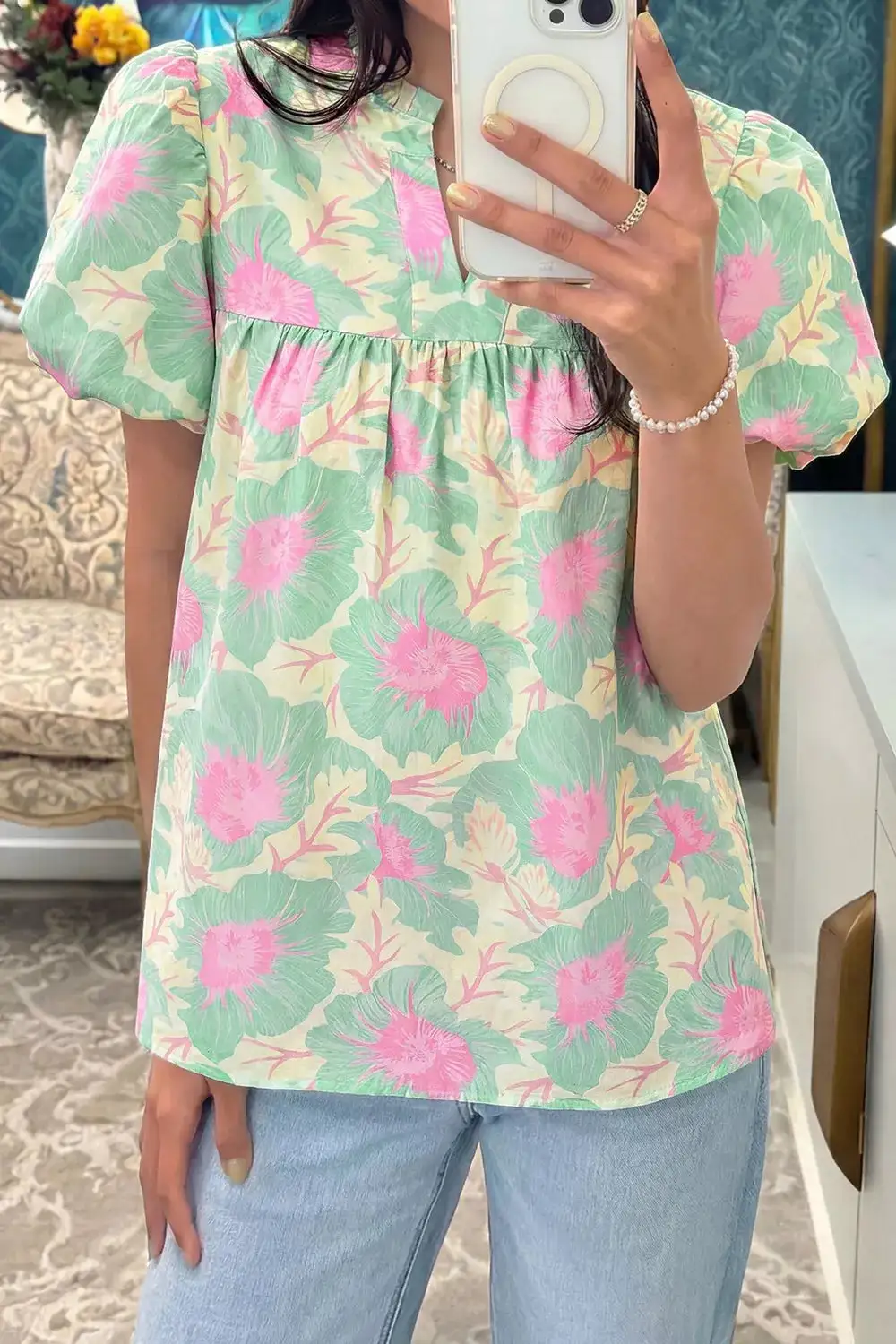 Textured Floral Print Puff Sleeve Blouse
