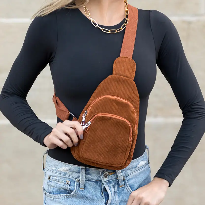 Double Zip Corduroy Sling Bag