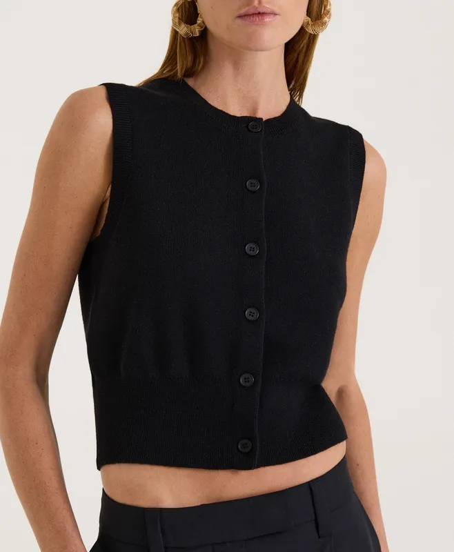 Black Cropped Button Front Knit Vest