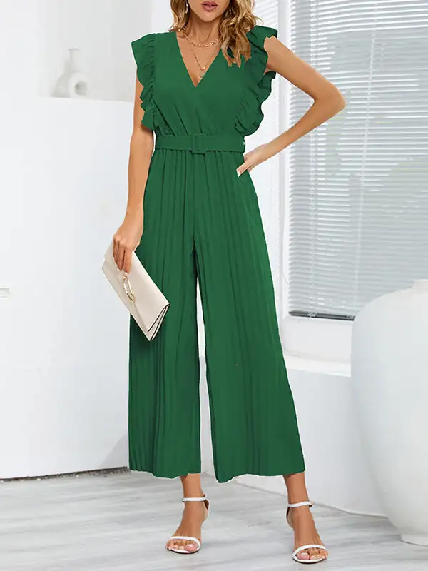 Hoog Getailleerde Losse Geplooide Jumpsuits Met V Hals