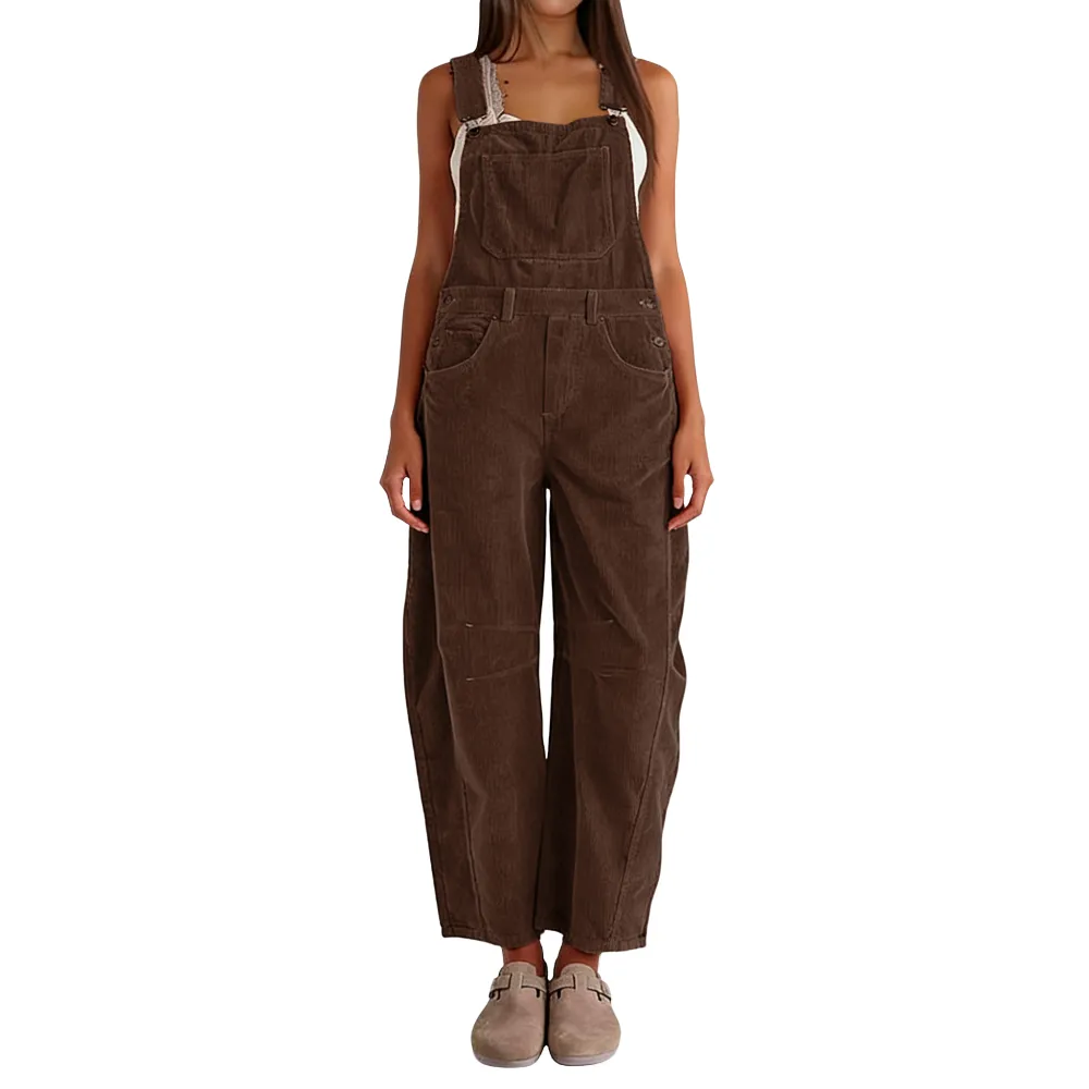 Women Barrel Wide Leg Bib Corduroy Pants