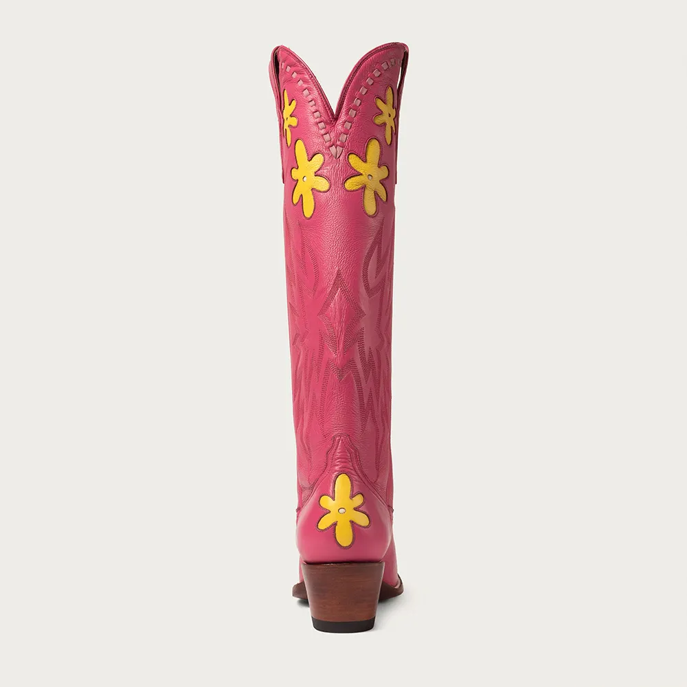 Faux-Leather Embroidered Floral Round-Toe Knee-High Boots