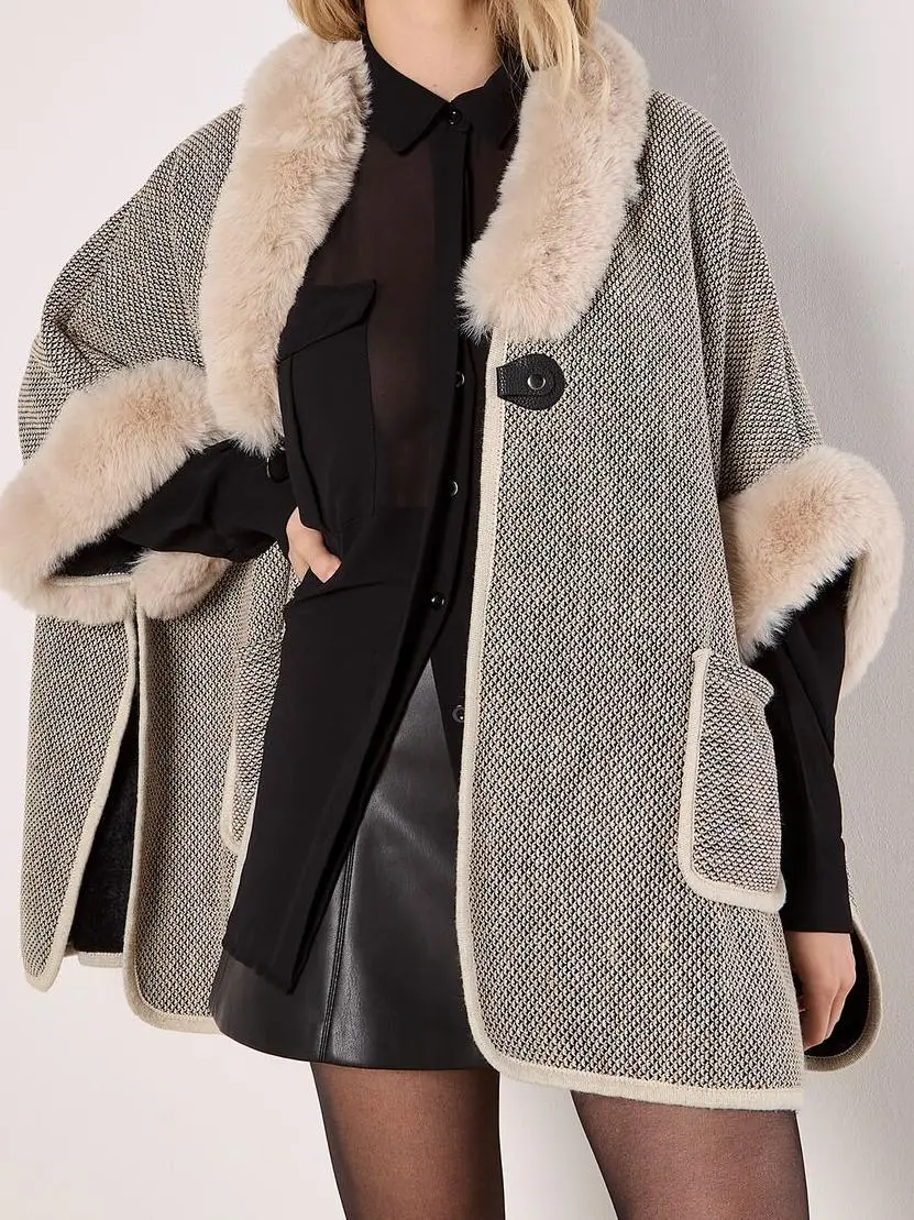 Texture Faux Fur Lined Cape