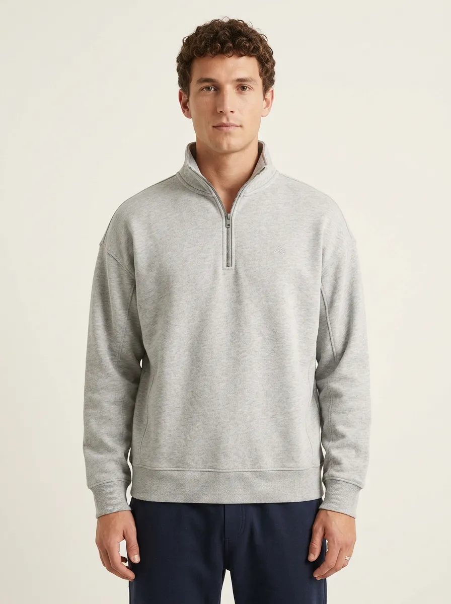 Men's Modern Minimalist Textured Embroidered Emblem Quarter-Zip Sweatshirt
