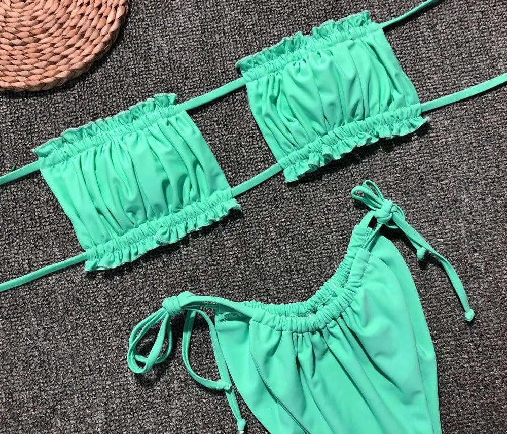 Frill Trim Ruched Bikini Swim Set