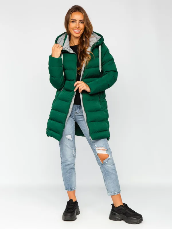 Green Women's Long Quilted Winter Jacket With Hood