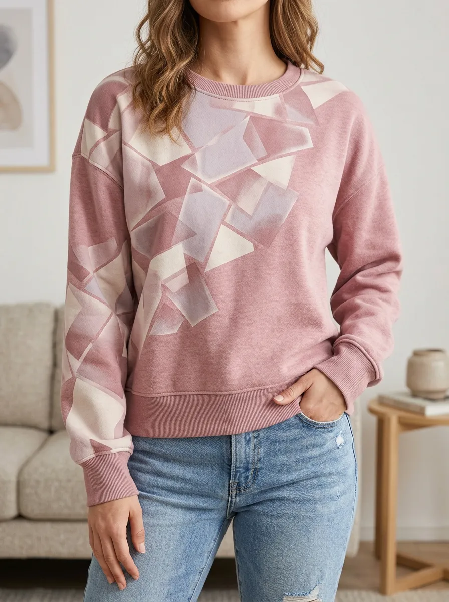 Women's Dusty Rose Geometric Print Crewneck Sweatshirt Fleece Graphic Print
