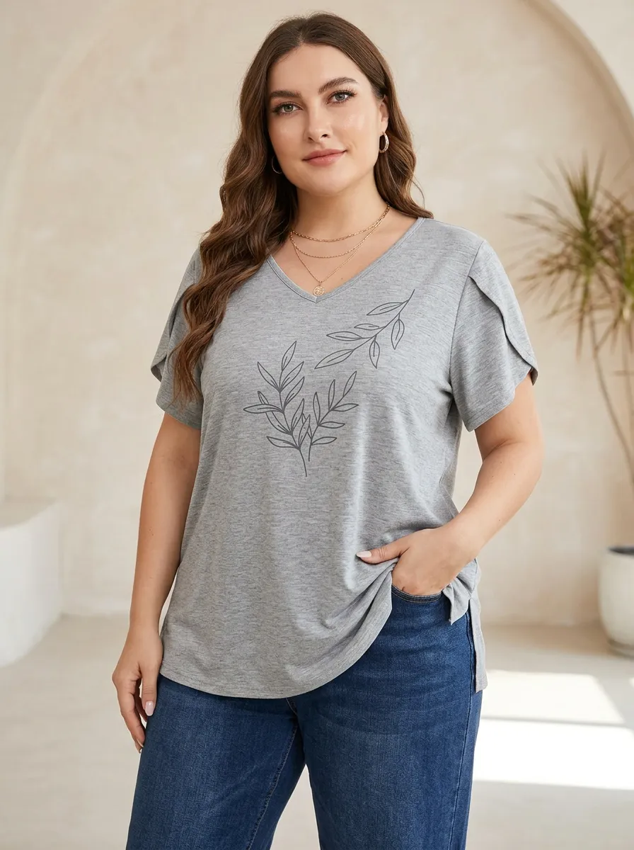 Women's Plus Size Grey V-Neck T-Shirt with Leaf Print