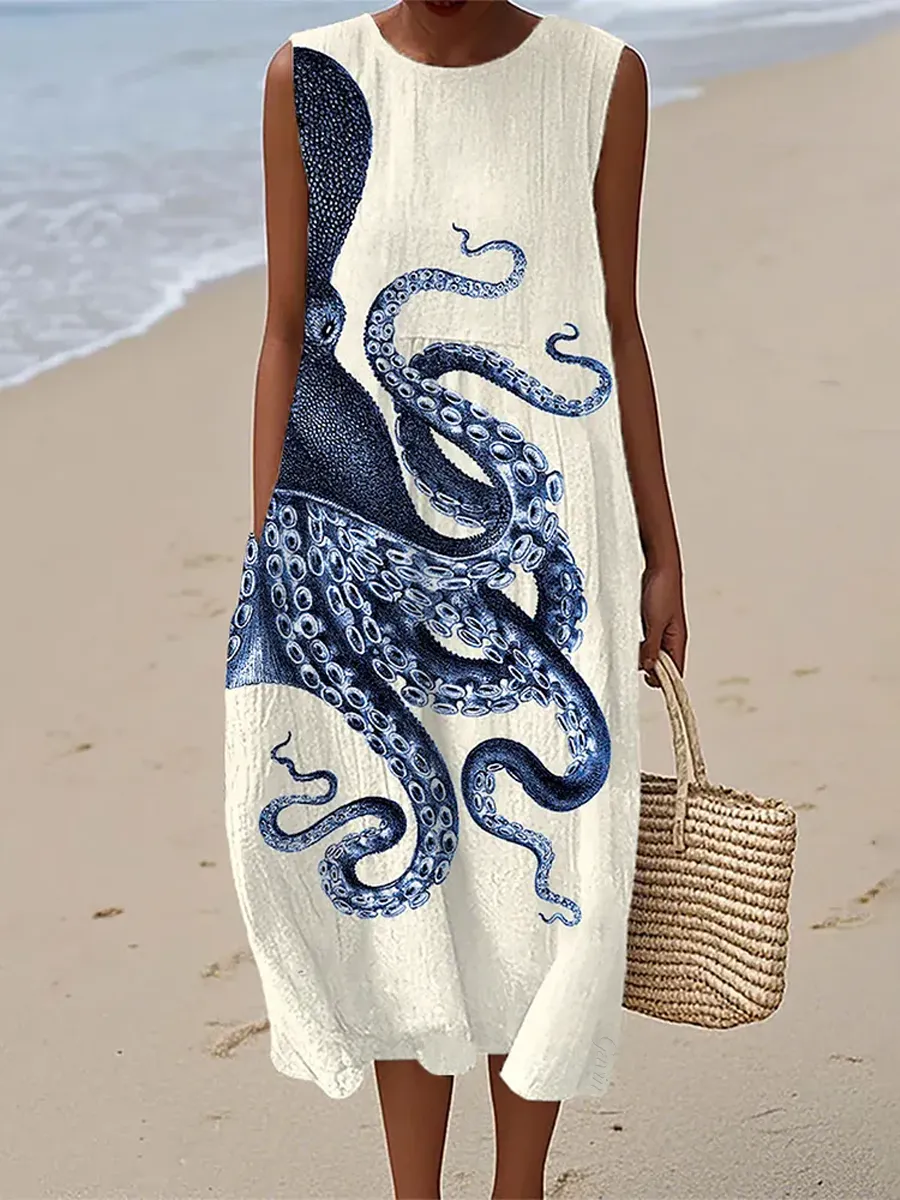 Women'S Vintage Octopus Art Print Linen Dress