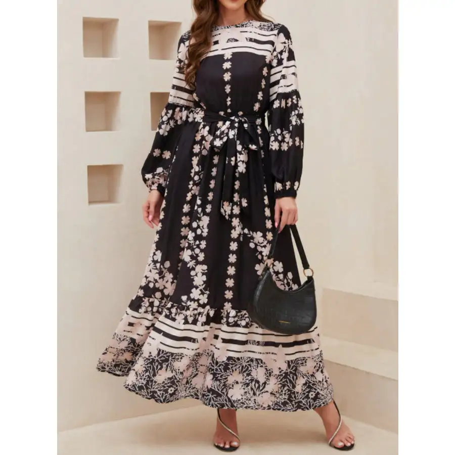 Printed Round Neck Long Sleeve Maxi Dress with Pockets