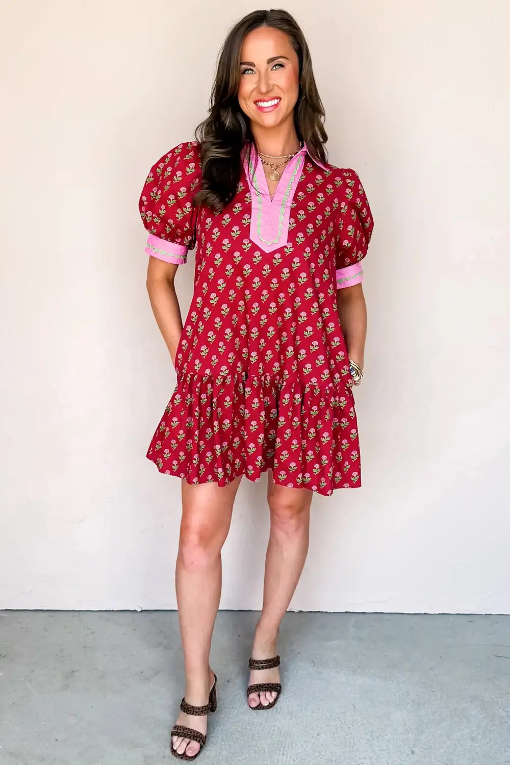 Layered Detail Floral Printed V Neck Mini Dress