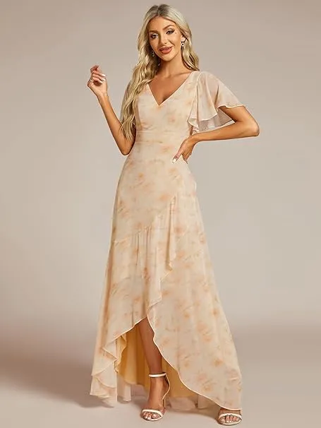 6PACK-Ruffles Sleeve Pleated V-Neck A-Line Midi Chiffon Wedding Guest Dress