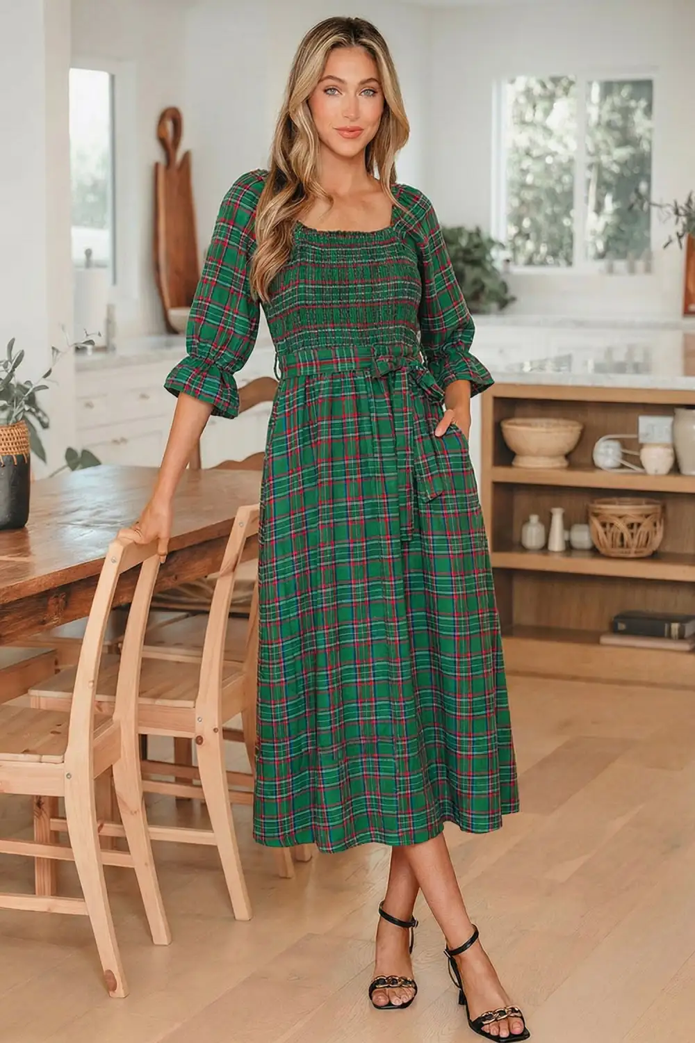 Finish Plaid Square Neck Puff Sleeve Midi Dress